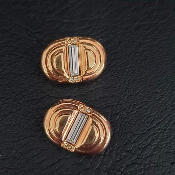 Swarovski Gold Plated Clip On Earrings with Clear Crystals Baguettes Swan Signed - Picture 3 of 7